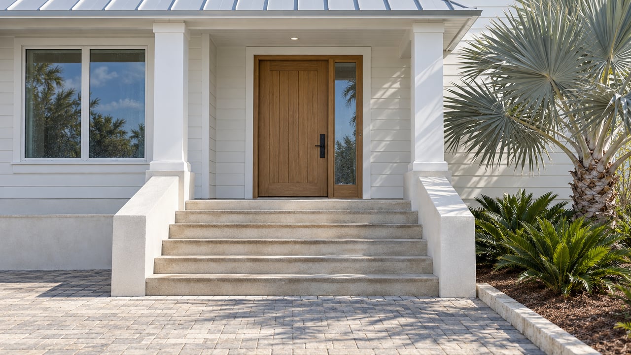 Sunlit elevated coastal home entry with white siding, a pale metal porch roof, broad concrete steps, and a silver fan palm beside a bounded planting bed.