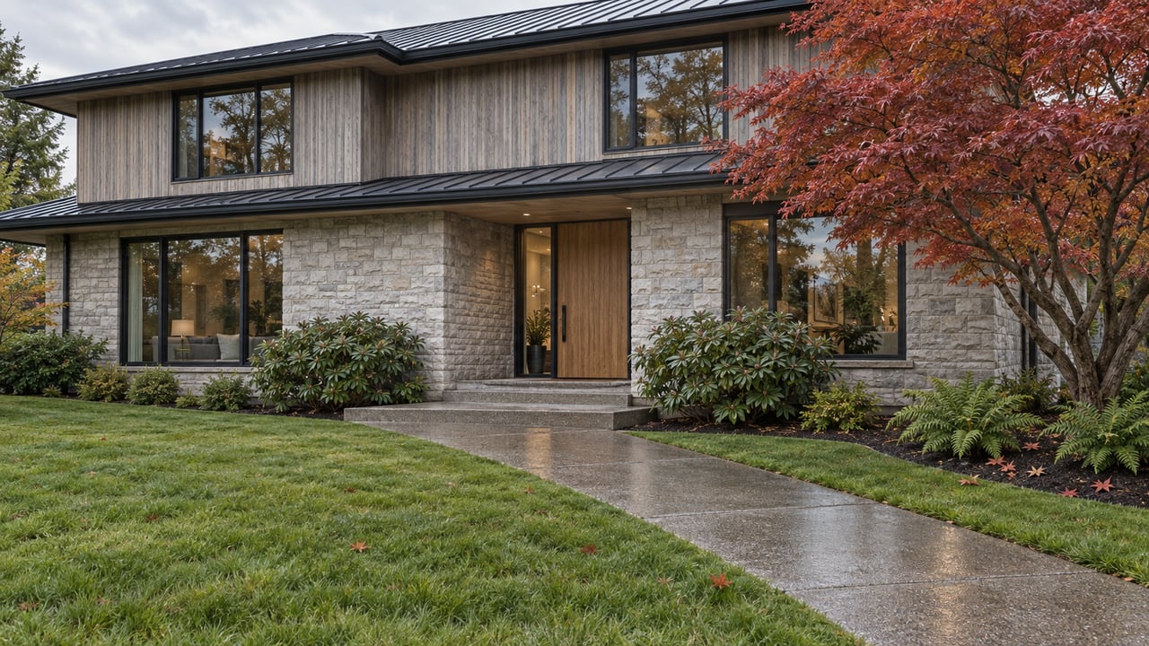 A cedar-and-limestone home beyond a deep front lawn, with a damp concrete approach and a copper-red Japanese maple.