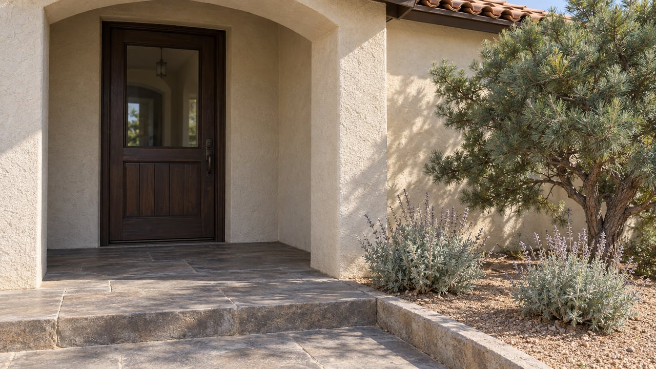 Sunlit ivory stucco entry with a sheltered timber door, worn stone steps, a compact singleleaf pine and silver desert sage.