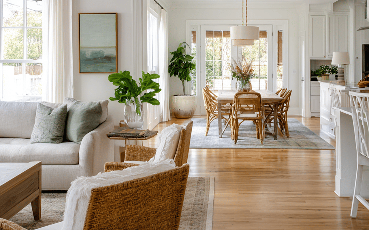 Open-plan living and dining room with a white sofa, woven chairs, and large sunlit windows.