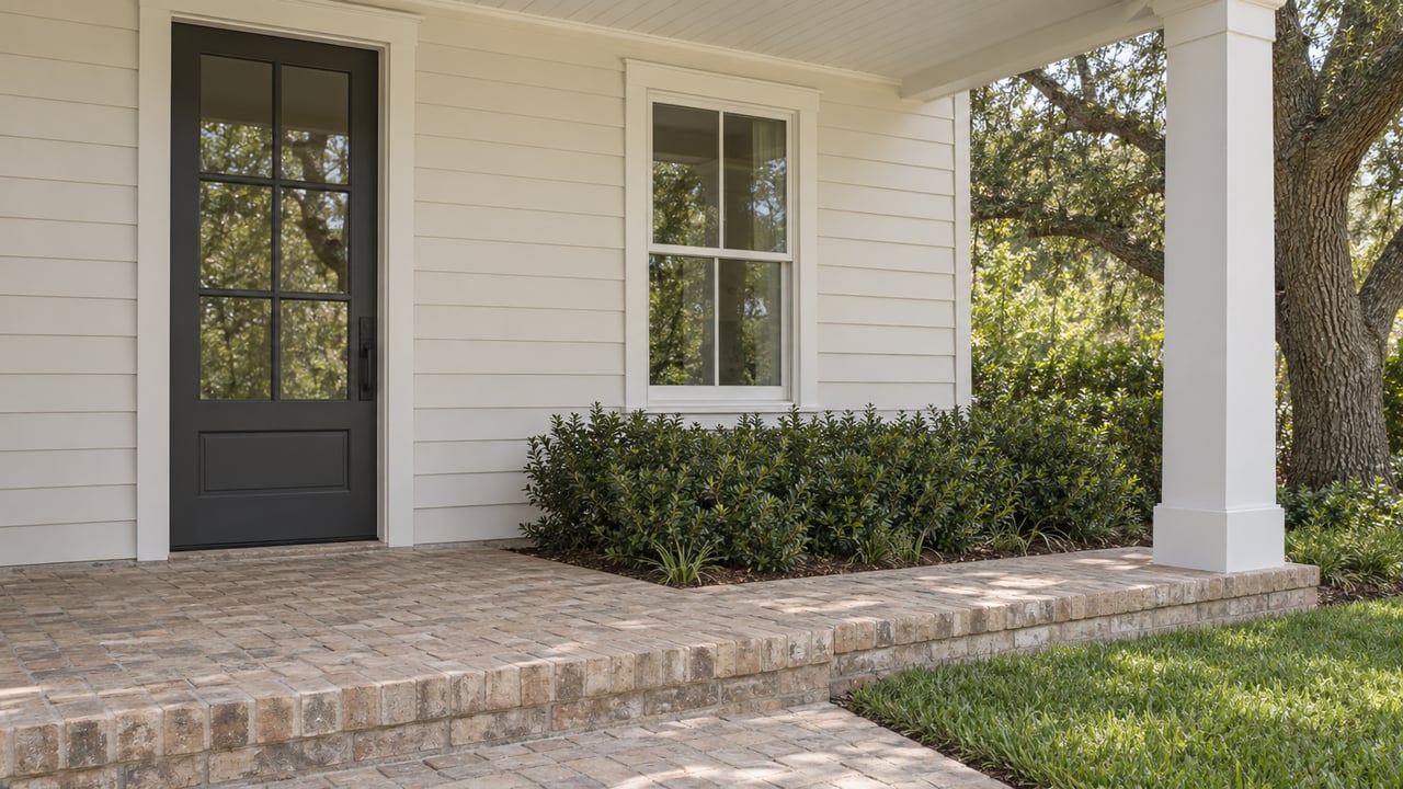 Covered house entry with a glazed door, double-hung window, brick paving, and lawn beneath a mature oak.