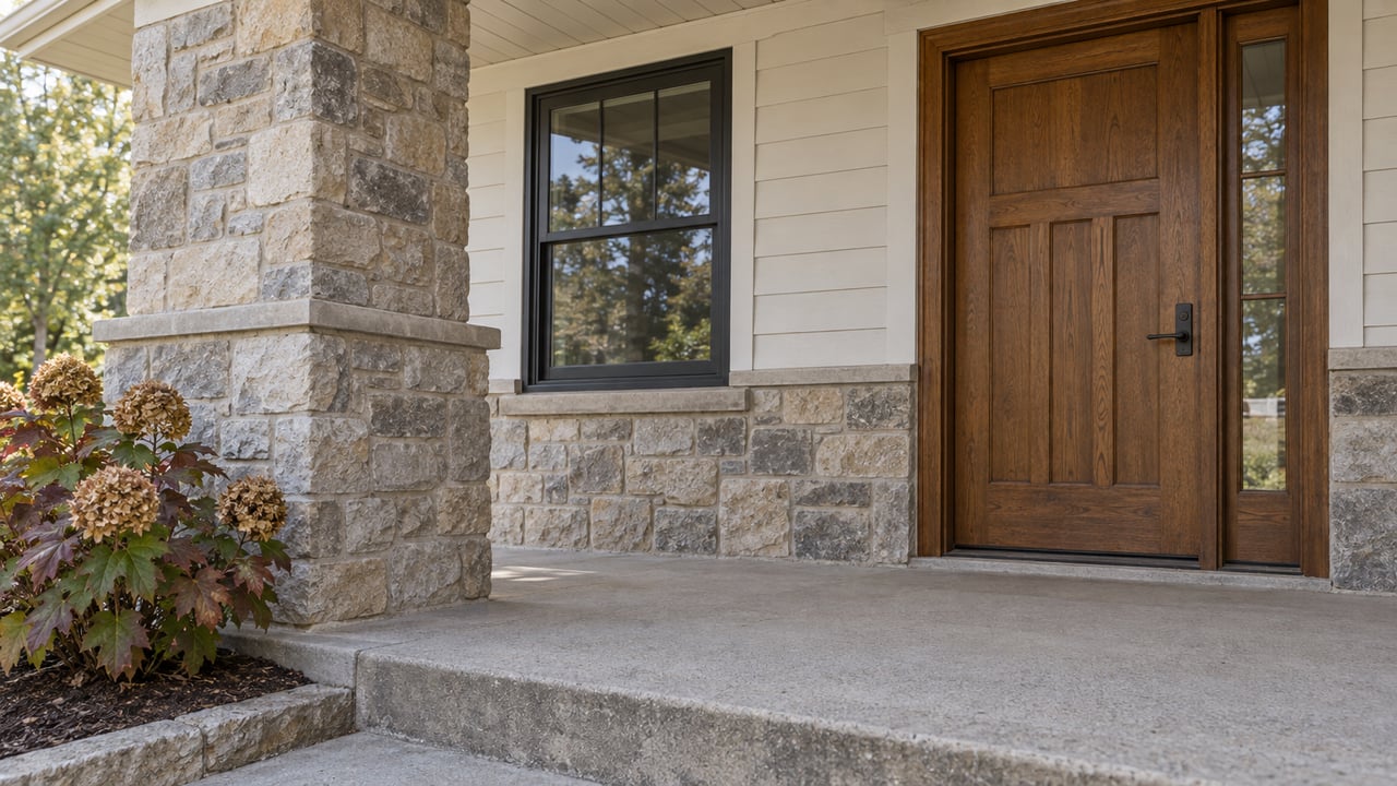 Home entrance with a paneled wood door, stone facade, concrete steps, and dried hydrangeas.