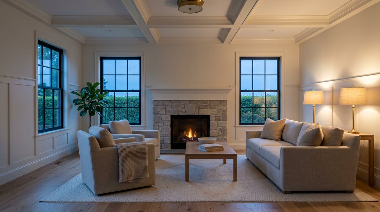 Living room with a fieldstone fireplace, oatmeal seating, brass lamps, and blue dusk visible through black-framed windows.