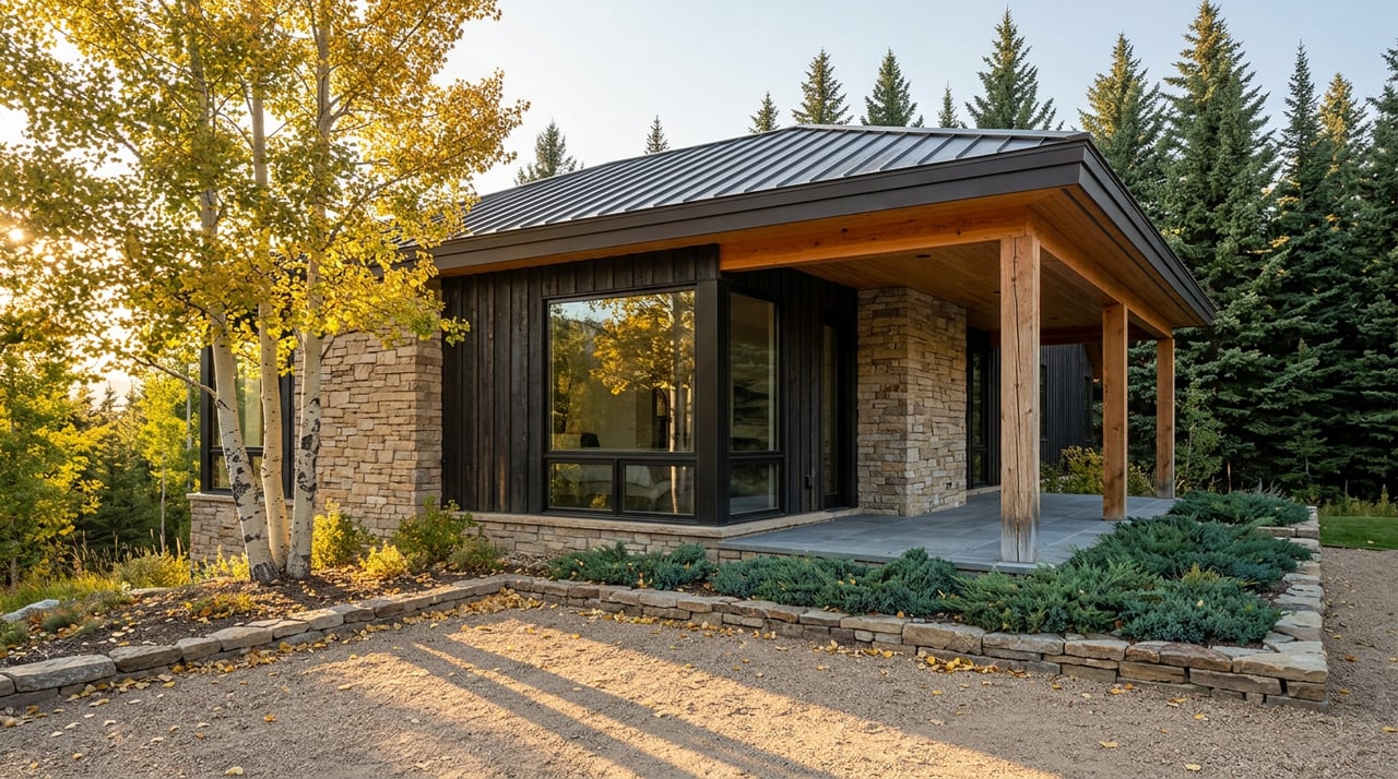 Mountain home terrace with charred cedar, ledgestone, golden aspens, and spruce trees behind.