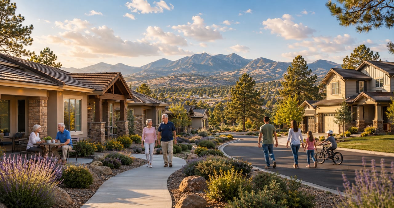 Prescott Valley neighborhood with active adults, families, homes, landscaping, and mountain views