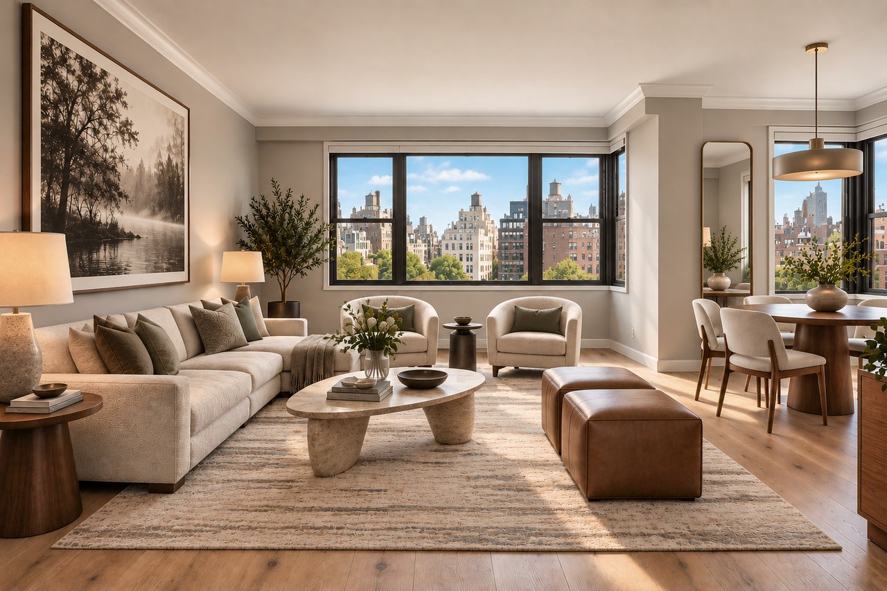 Staged living and dining room with cream seating and large windows overlooking the Manhattan skyline.