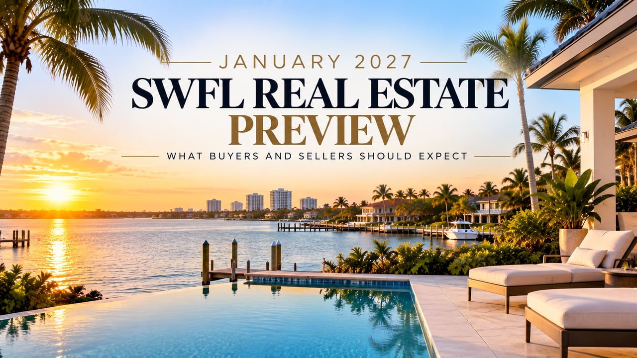 January 2027 Southwest Florida real estate market preview featuring a luxury waterfront home, pool, palm trees, and Gulf Coast setting, highlighting peak-season conditions for SWFL home buyers and sellers.