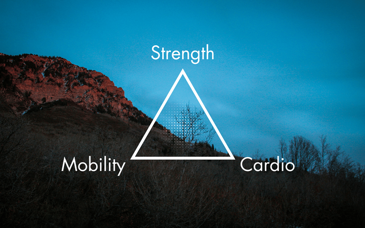 Fitness training triangle connects strength, mobility, and cardio over a wooded mountain landscape.