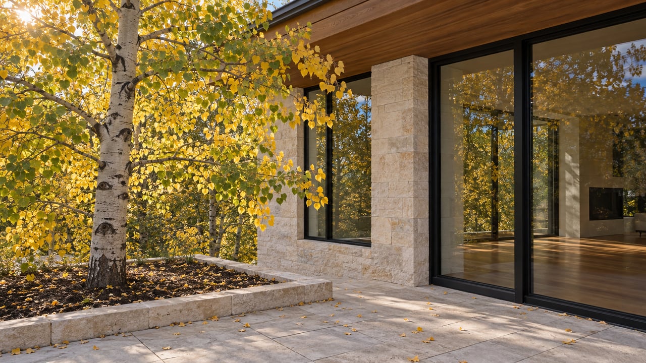 A yellow-leaved aspen beside a limestone house corner, its canopy reflected in black-framed glass.