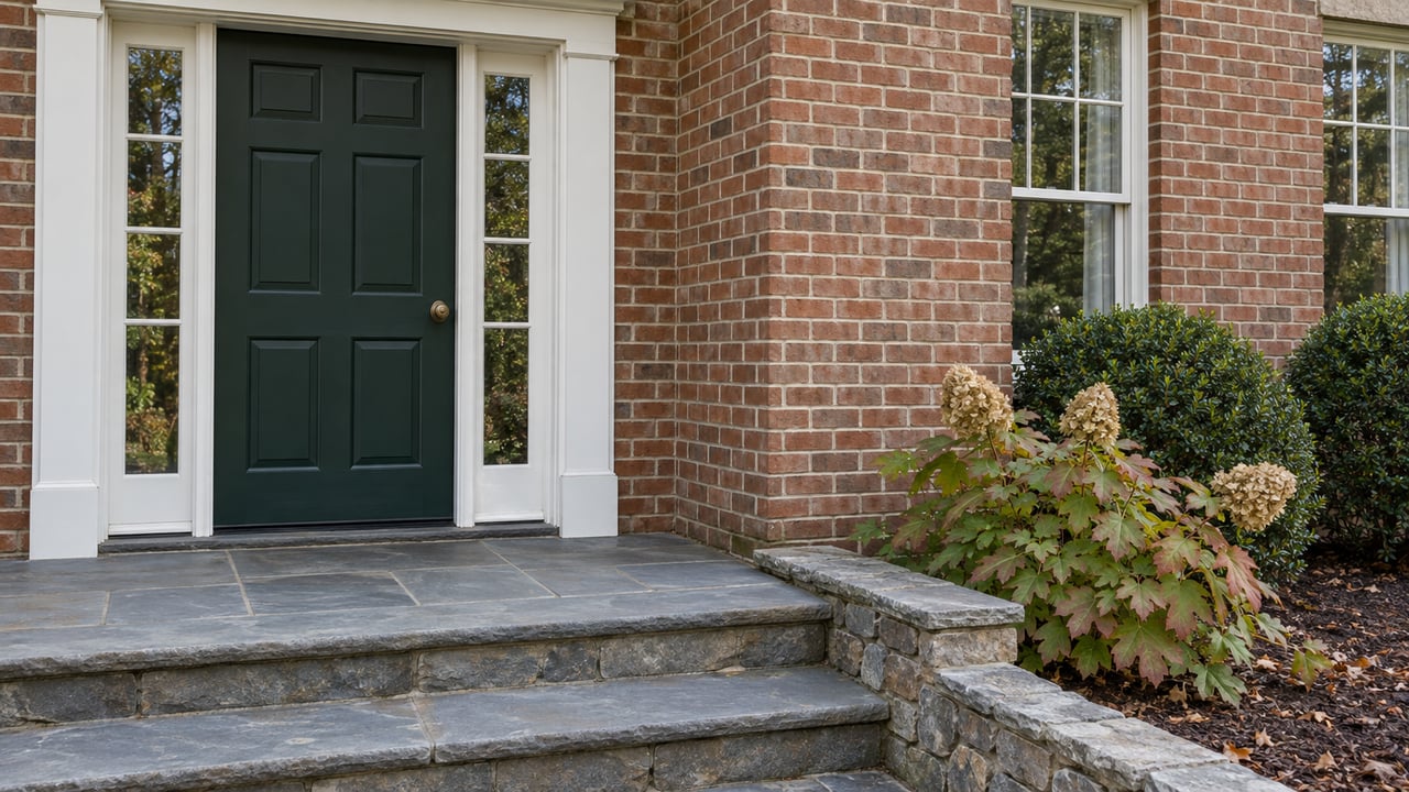 A dark green front door with white sidelights, weathered brick and slate steps beside oakleaf hydrangea and inkberry shrubs.