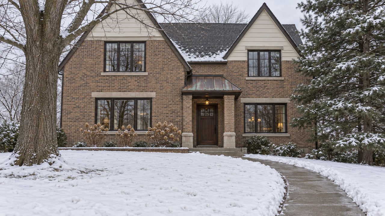 Snow-covered front lawn and curved cleared walk leading to a brick home with steep gables, large windows and mature winter trees.