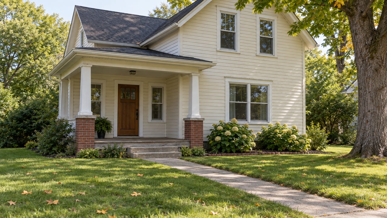 Cream-sided village home with a covered porch, concrete walkway, hydrangeas, and a mature tree.