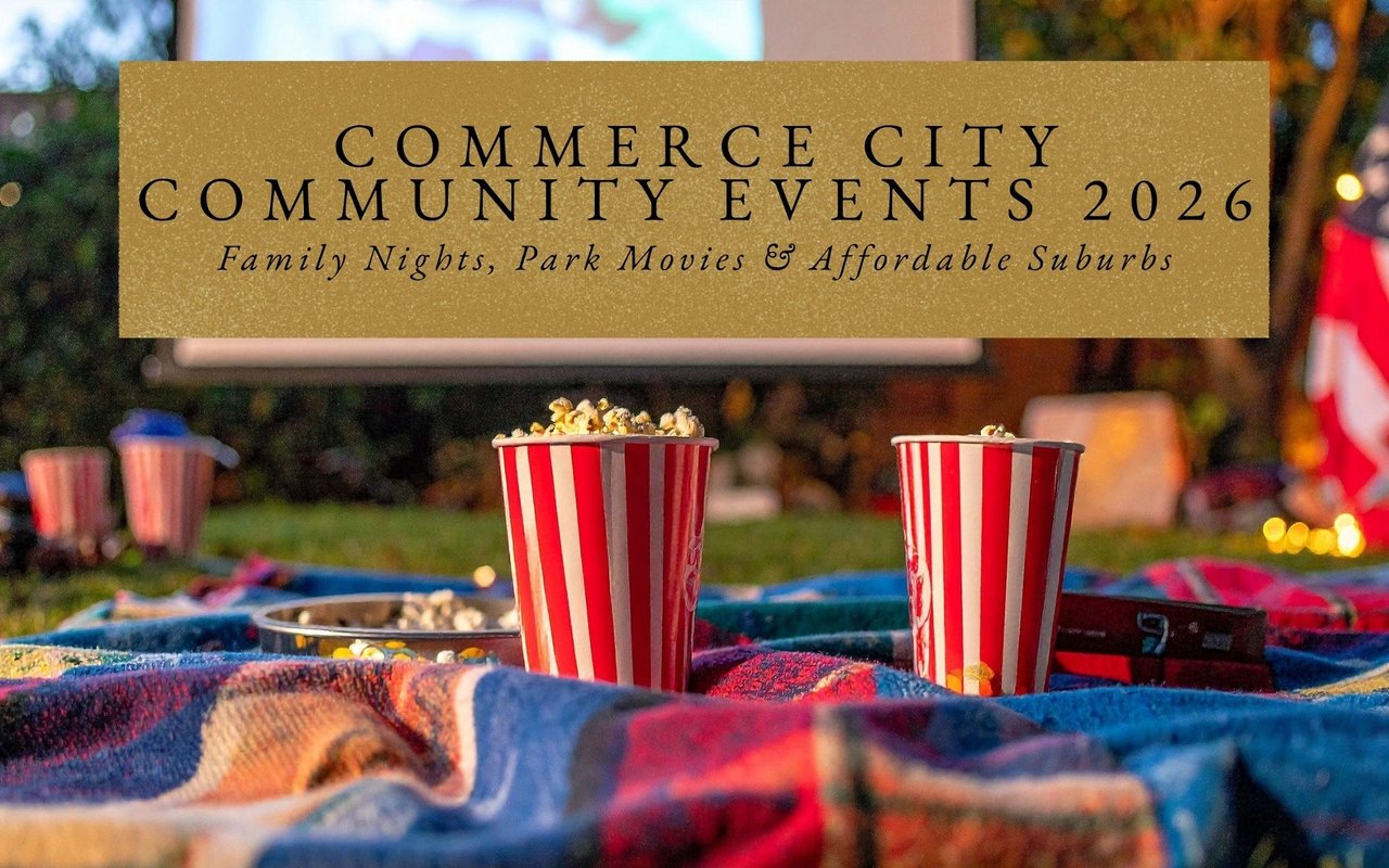  Families sitting on blankets and lawn chairs watching an outdoor movie at dusk during Commerce City Park After Dark event.