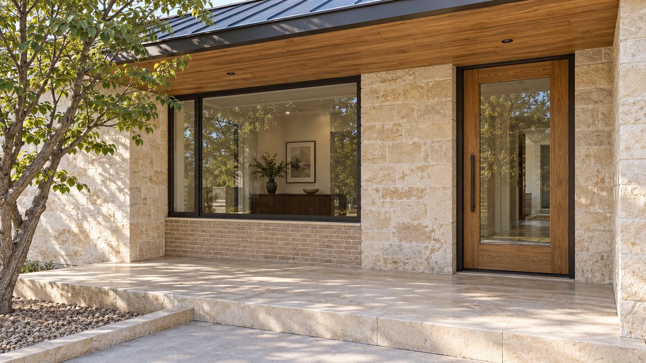 Morning light on a limestone and brick home's covered entry, with an oak-framed glass door, broad window and Texas redbud.