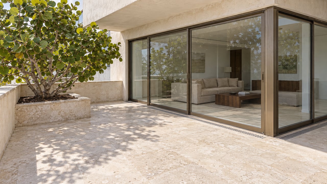 Sunlit limestone terrace beside closed bronze-framed glass doors, pale stucco walls and a sculptural sea grape tree in a raised planter.