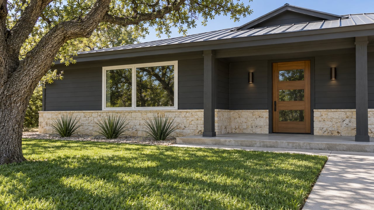 Updated charcoal-sided home with a limestone base, shaded porch, mature live oak and a broad front lawn.