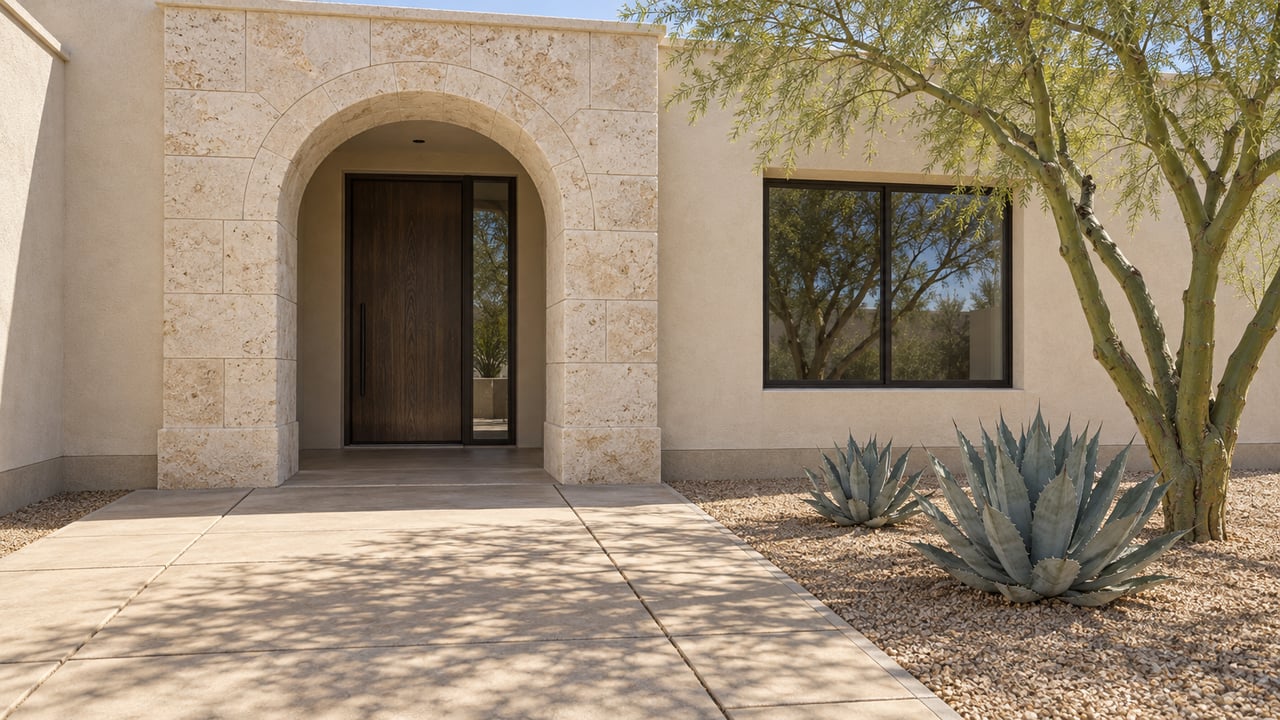 Sunlit ivory stucco home with a limestone arched entry, dark oak door, broad concrete pavers, and sculptural desert planting.
