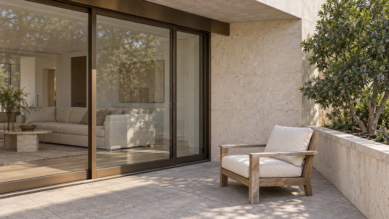 Sunlit limestone apartment terrace with bronze-framed glass doors, a teak chair and a Texas mountain laurel in a raised planter.