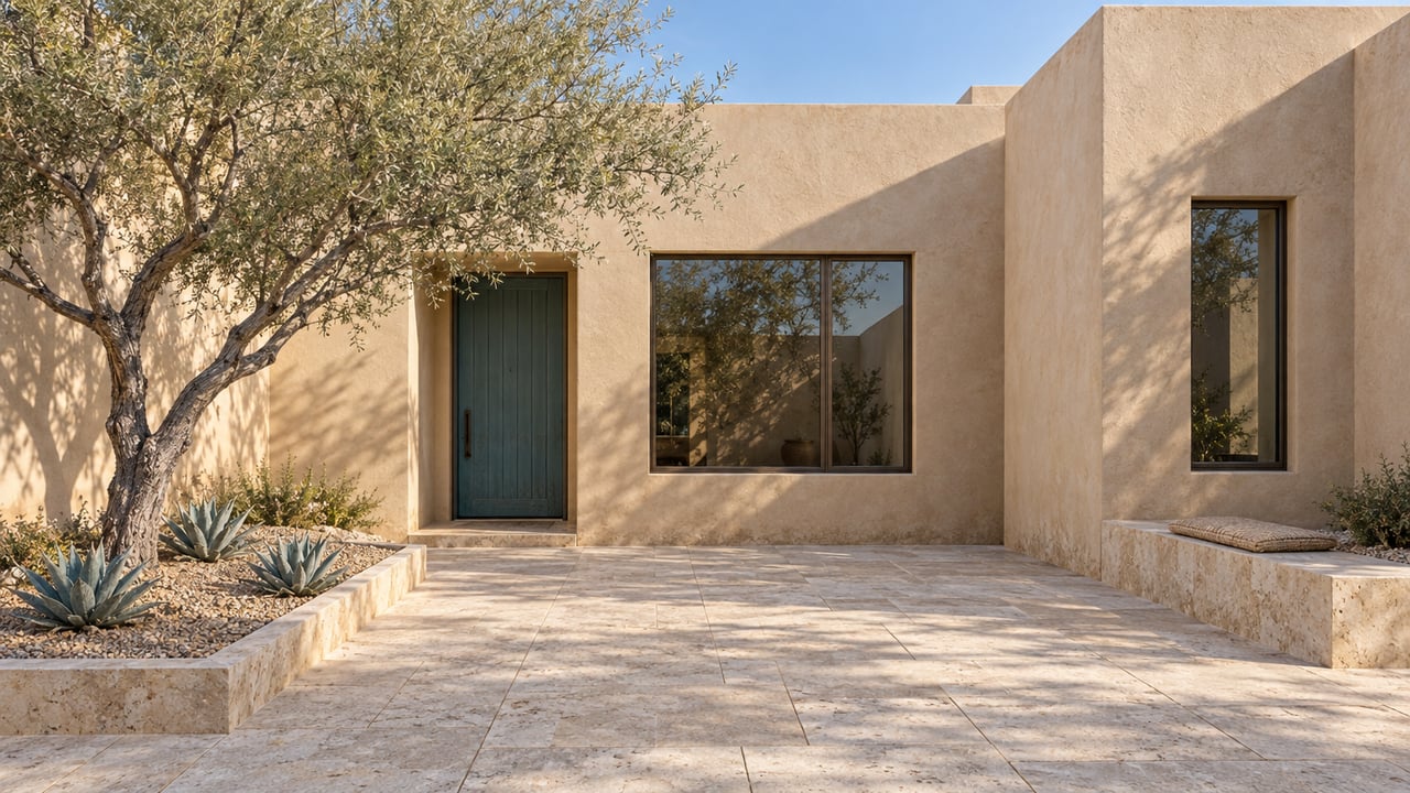 Sand-colored courtyard home with a blue-green entry door, pale limestone paving, a sculptural desert ironwood tree and three agaves.
