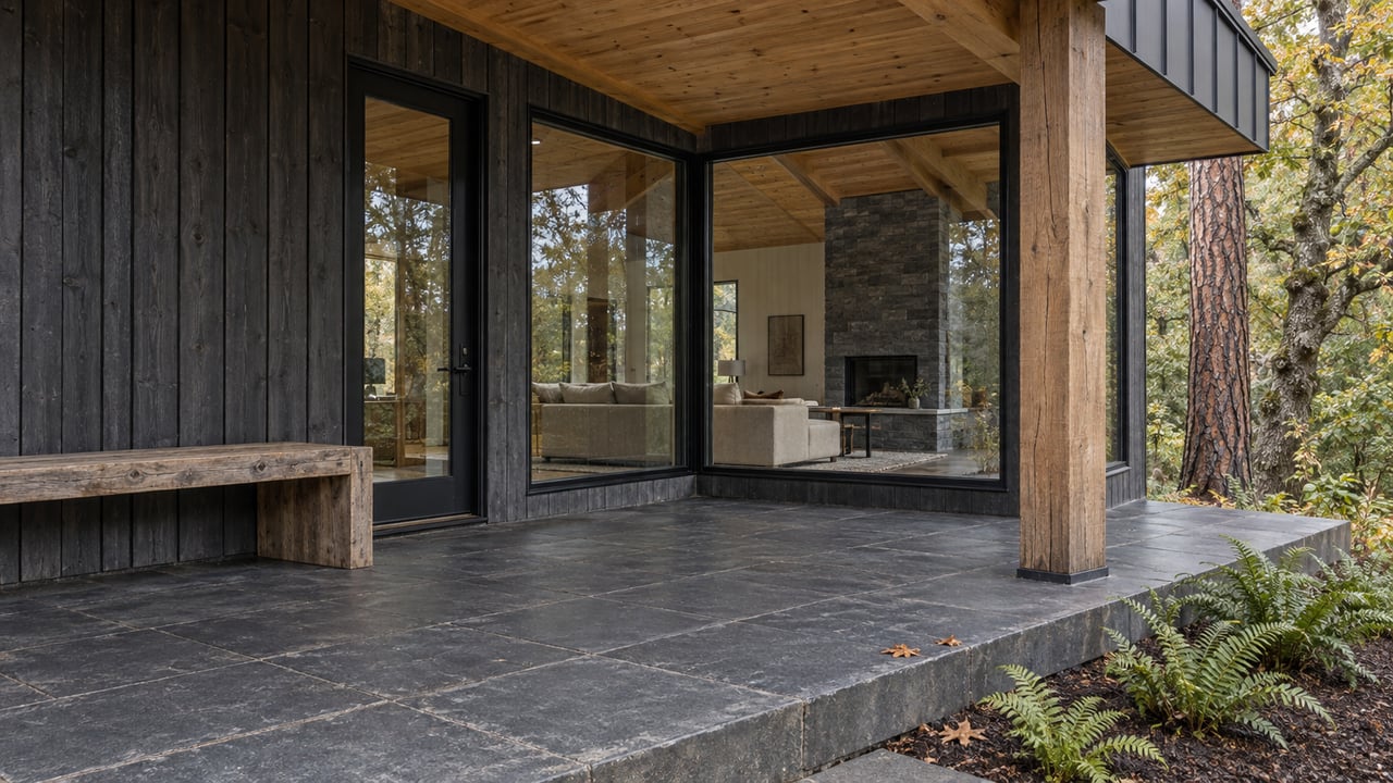 Timber-covered porch with basalt paving, dark wood siding and large windows, beside autumn oak foliage and a mature pine.
