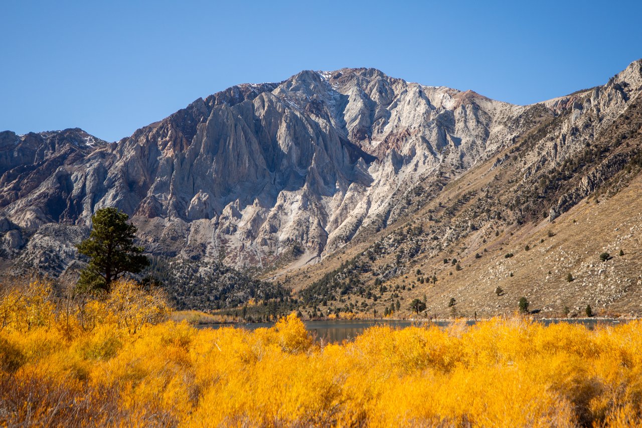Rocky mountain peaks rise above a lake and golden autumn foliage.