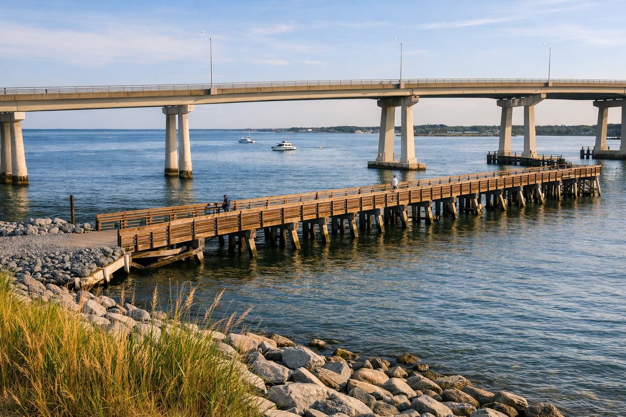Old Ponquogue Bridge Marine Park in Hampton Bays overlooking Shinnecock Bay and local boats