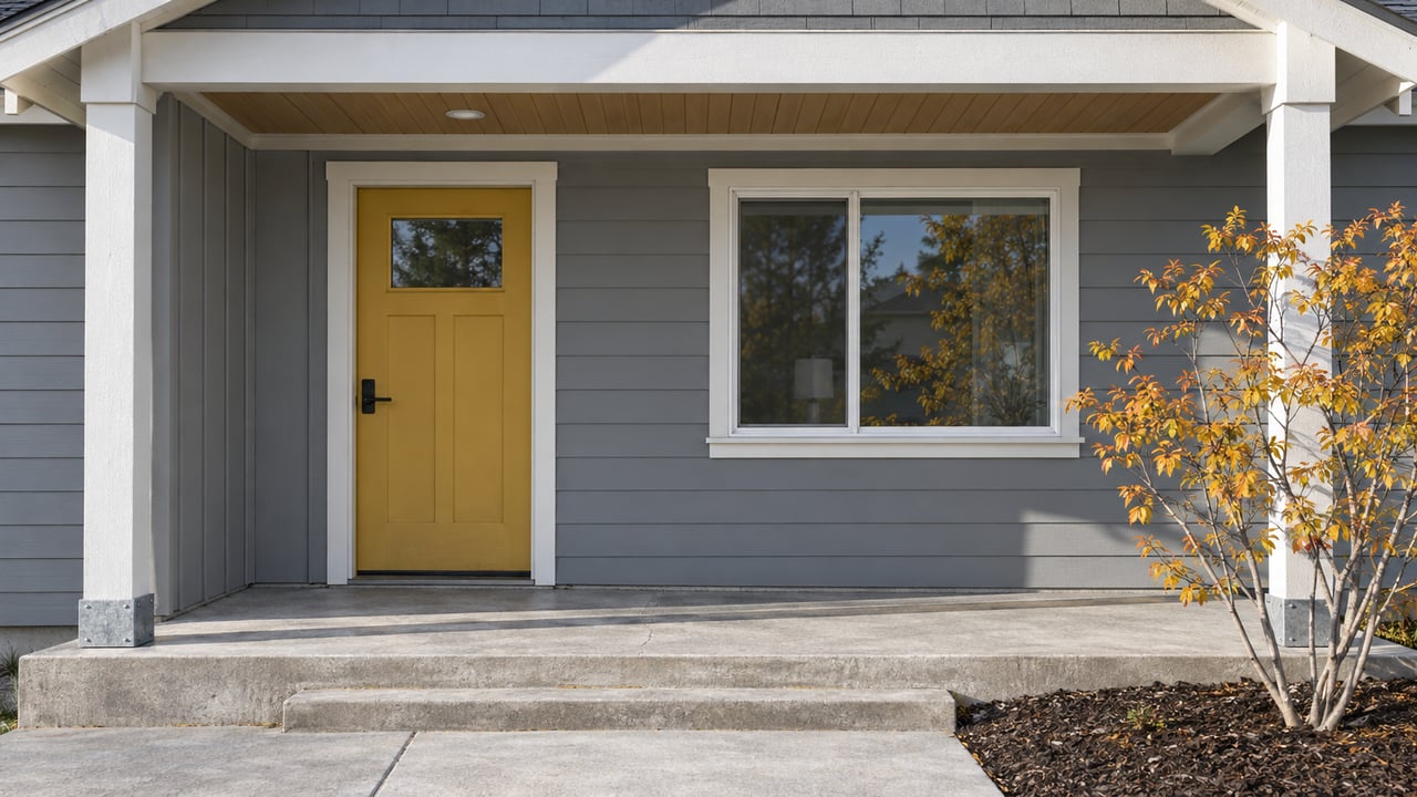 Close view of a gray craftsman-style home's sheltered mustard door, white-trimmed window, concrete porch, and yellow-orange serviceberry.