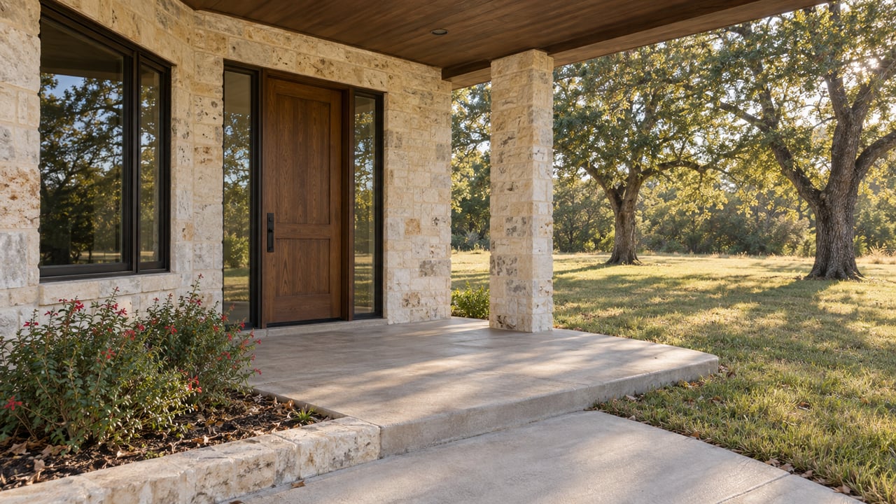 Limestone home entry beneath a timber porch roof, with an oak door, concrete steps and a sunlit lawn shaded by two mature post oaks.
