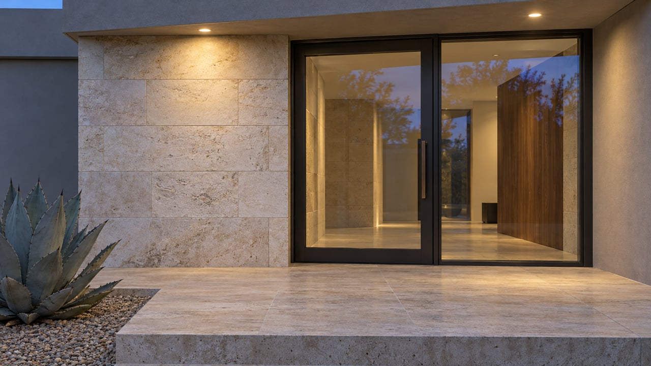Blue-hour view of a limestone entrance with a bronze-framed glass door, travertine landing and a single blue-gray agave.