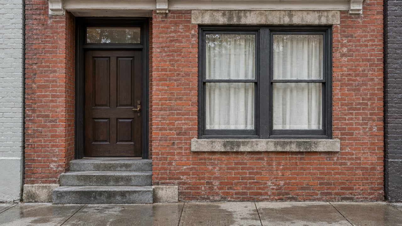 Weathered brick rowhouse entrance with a dark painted door, paired sash windows, limestone trim and worn stone steps beside a drying concrete sidewalk.