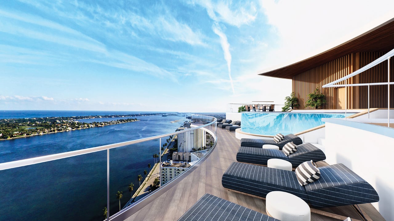 Rendering of the Forté on Flagler penthouse rooftop pool and loungers overlooking the Intracoastal.