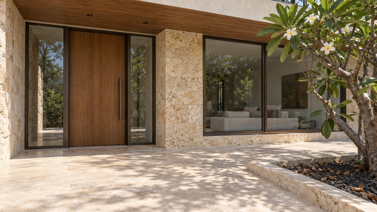 Timber entry and closed bronze-framed glazing beneath a deep wood-lined roof, beside pale stone paving and a flowering plumeria.