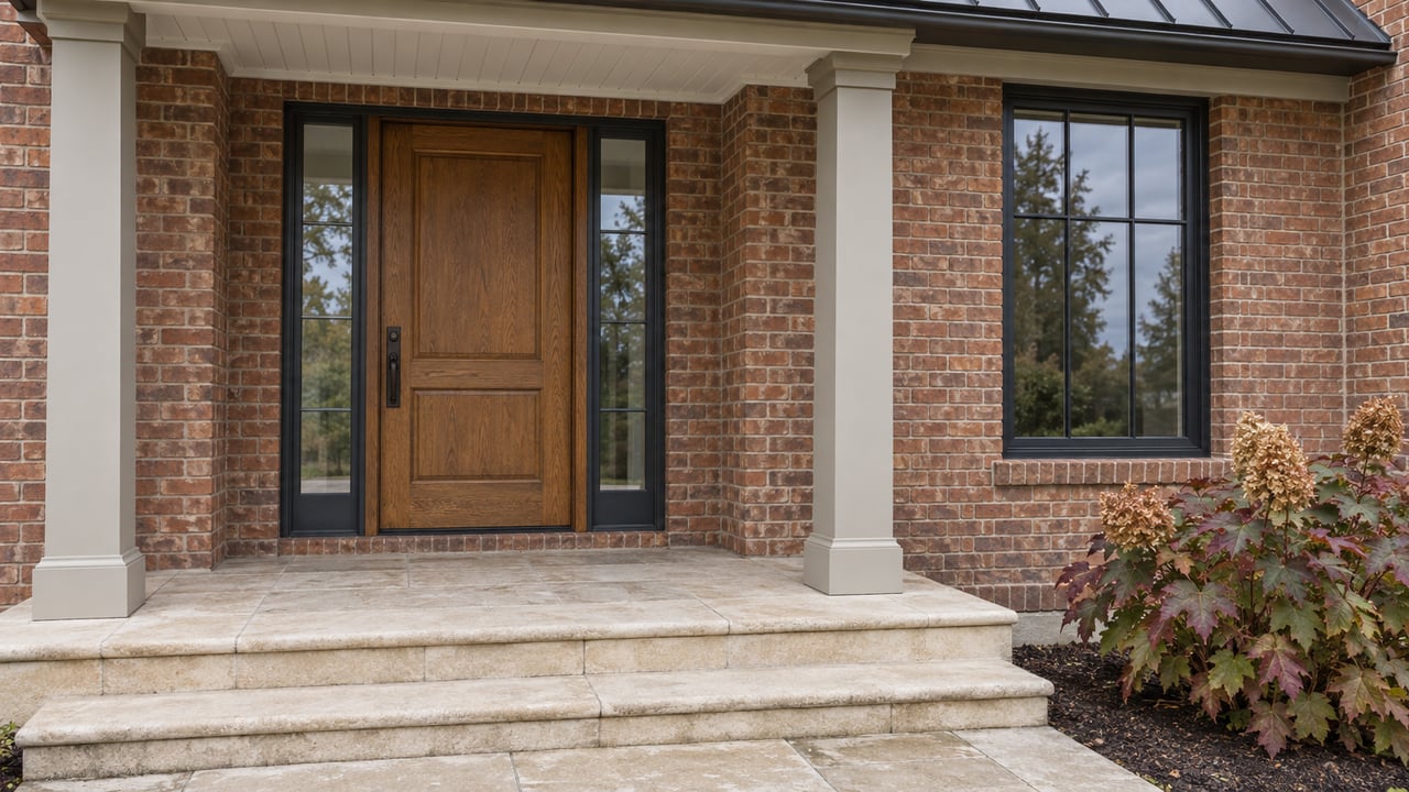Close view of a red-brick home entry with an oak door, glazed sidelights, limestone porch steps, and an oakleaf hydrangea.