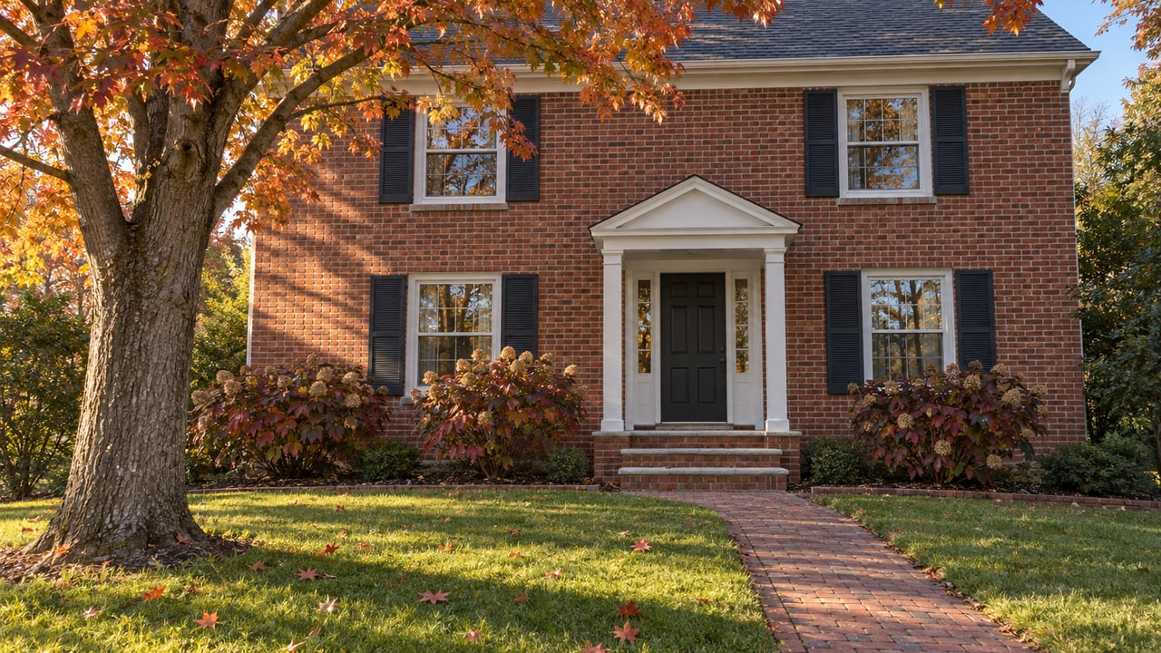 Red-brick house with white entry portico, autumn red maple and a worn brick approach through a deep front garden.