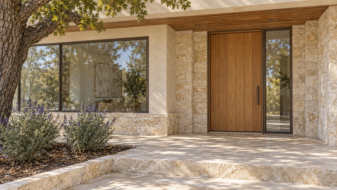 Sunlit limestone porch and warm wood entrance beneath a cedar overhang, beside an oak tree and gray-green sage.