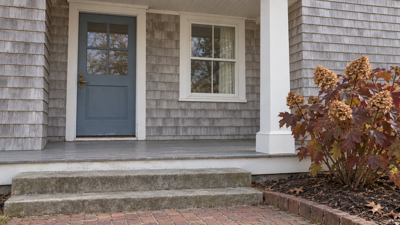 Weathered gray-shingle home with a blue glazed front door, covered porch, brick approach and autumn oakleaf hydrangea.