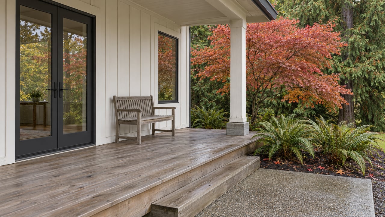 Covered cedar porch with white board-and-batten siding, dark framed glass doors, and an autumn maple beside a fern garden.