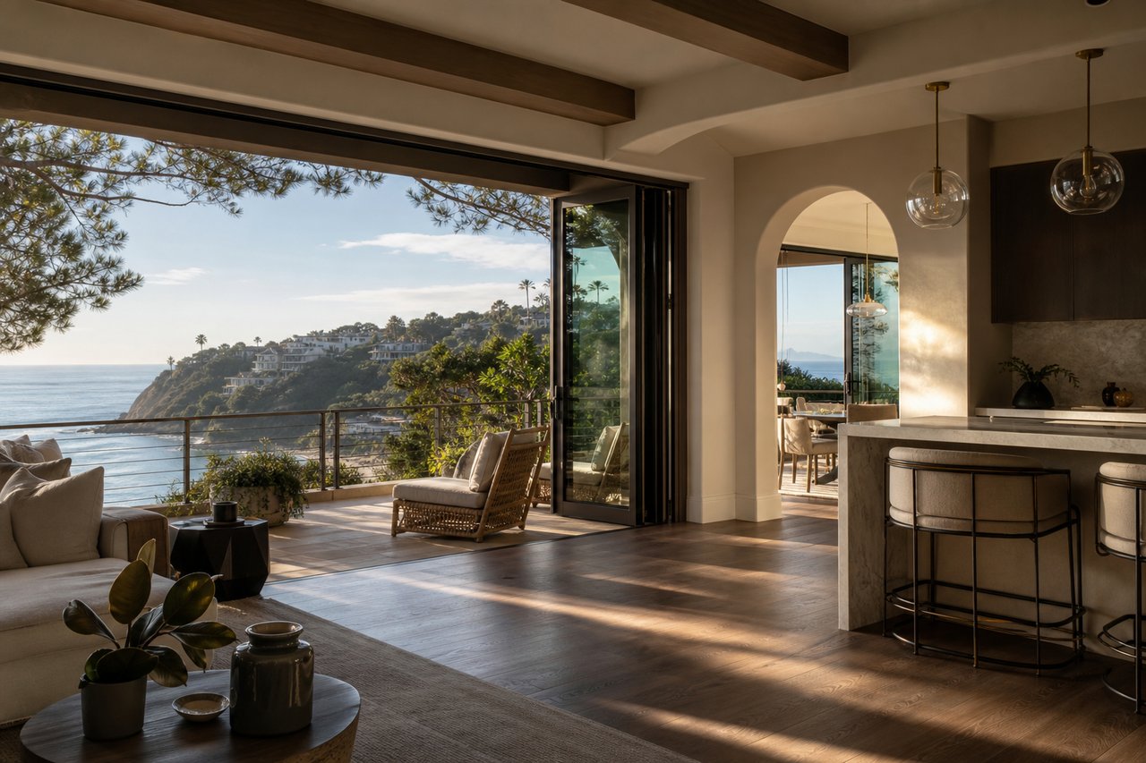 Coastal living room opening onto an ocean-view balcony, with a kitchen and wooded headland beyond.