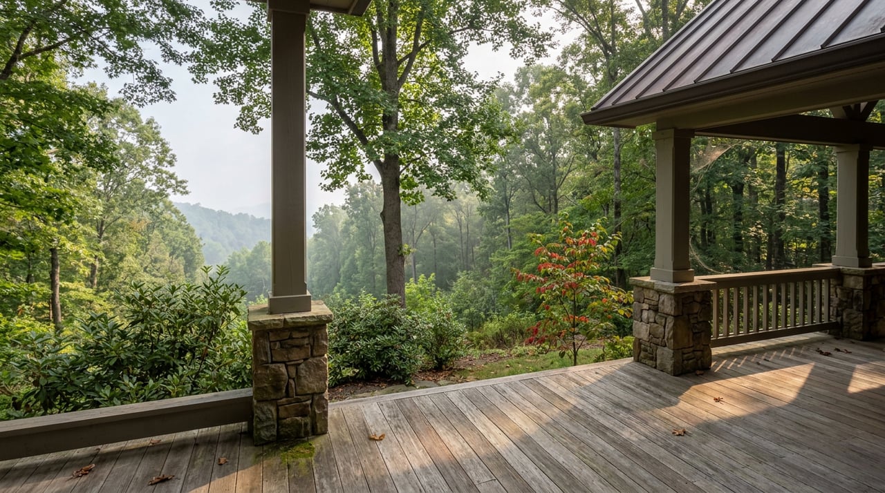 Weathered porch boards frame a wooded hillside, with mountain laurel shrubs and a red-tinged sapling.