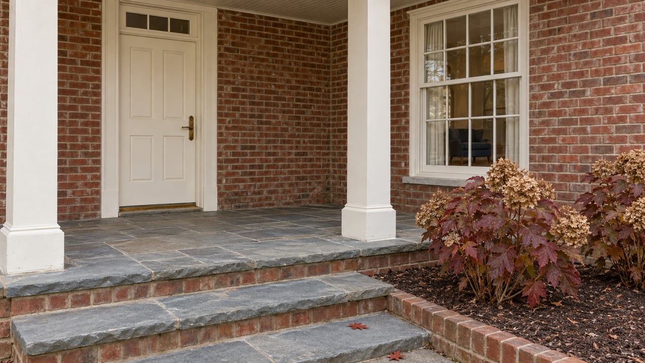 Covered entry of a red-brick home with an ivory door, divided-light window, slate steps and burgundy oakleaf hydrangeas.