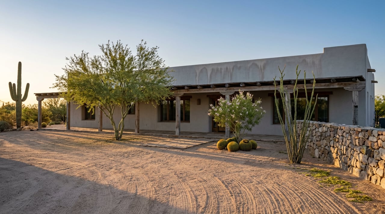 Territorial-style desert home with mesquite veranda, palo verde tree, and raked gravel yard in morning light.