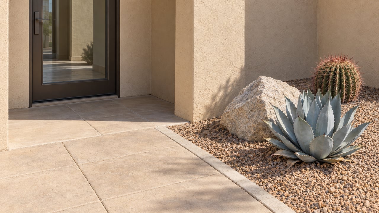 Sand-colored stucco entry with a bronze-framed glass door, buff paving, and an agave and barrel cactus in a gravel bed.