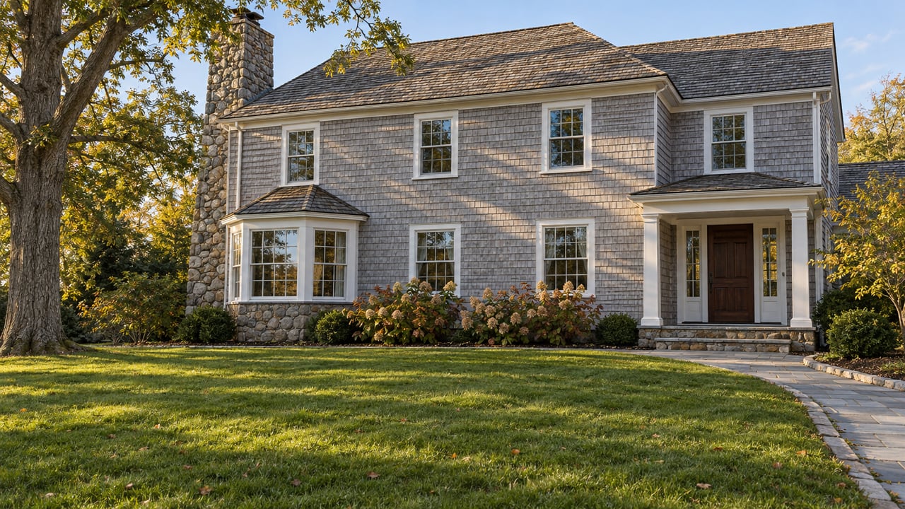 Weathered cedar-shingle home with divided-light windows, a fieldstone chimney, a deep lawn, and a bluestone entry walk.