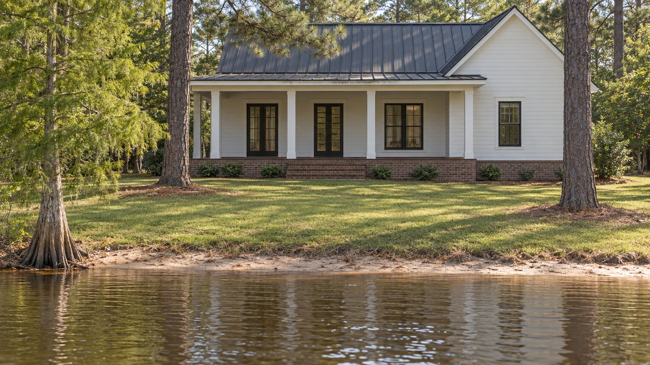 White-sided lakeside house with covered porch above a sloping lawn, tea-colored water, and pine trees.