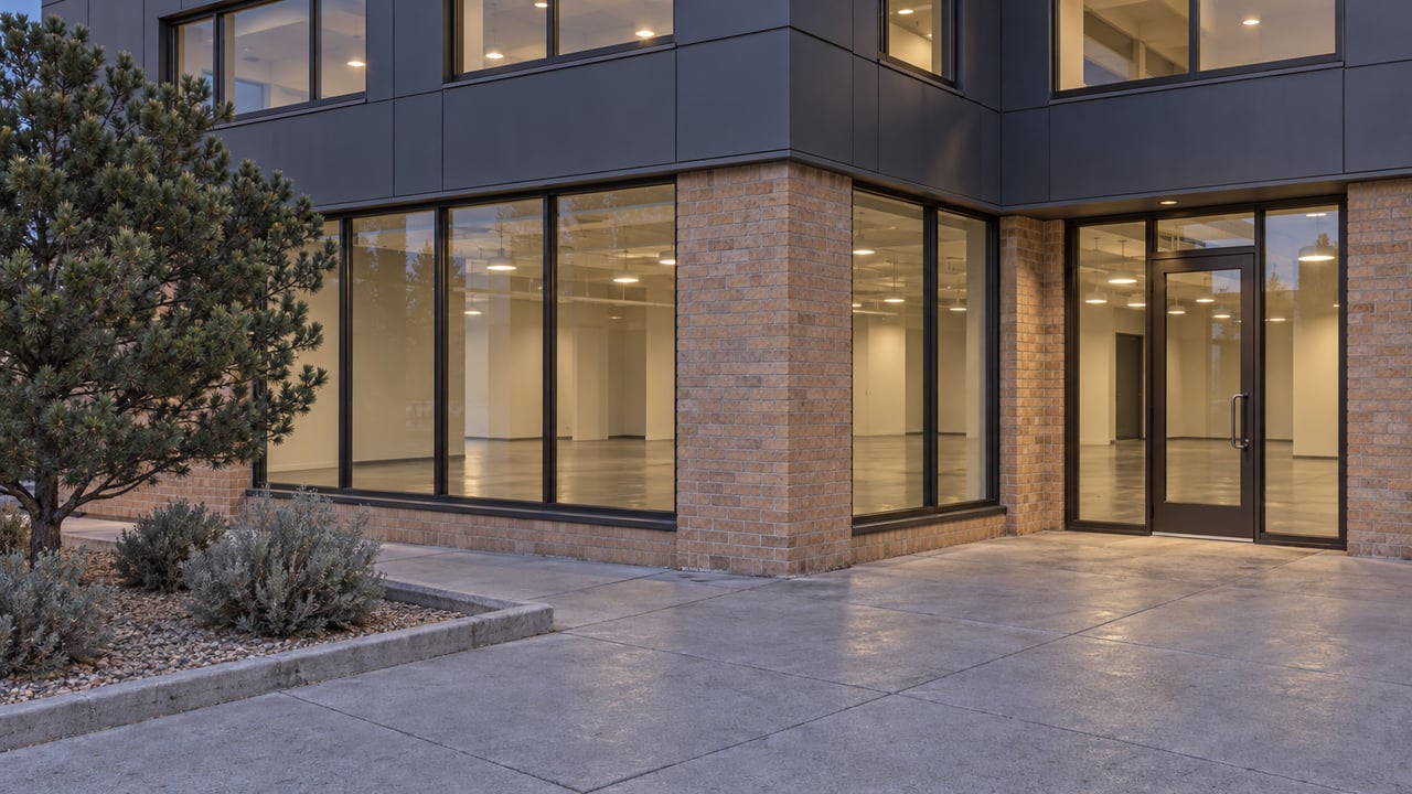 A glazed commercial corner entrance with sand-colored brick, charcoal metal panels and a concrete forecourt at blue hour.