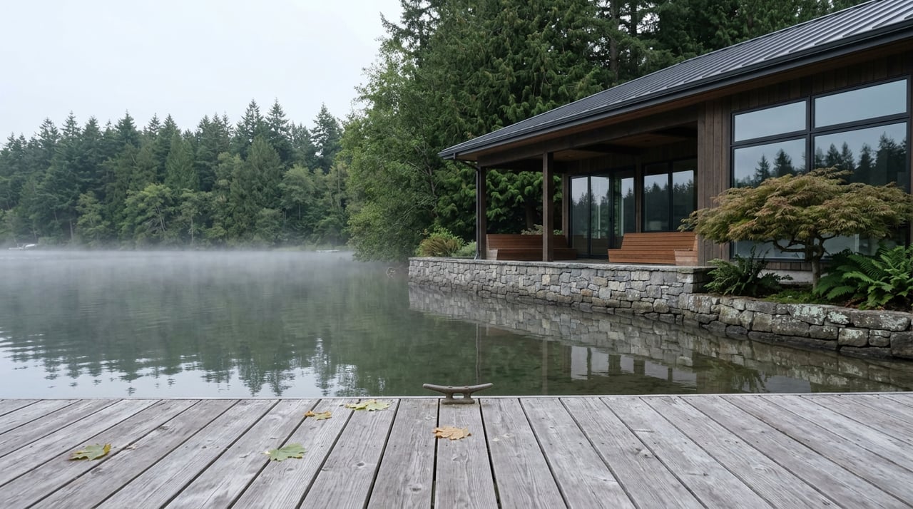 Weathered cedar dock leads toward a dark-sided lakeside home and stone patio across misty water.