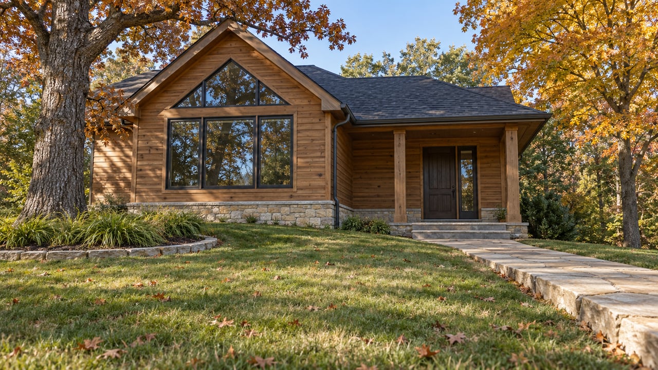 Cedar-sided gabled home with black-framed windows, a limestone foundation and stone approach across an autumn lawn beneath mature oak and maple trees.