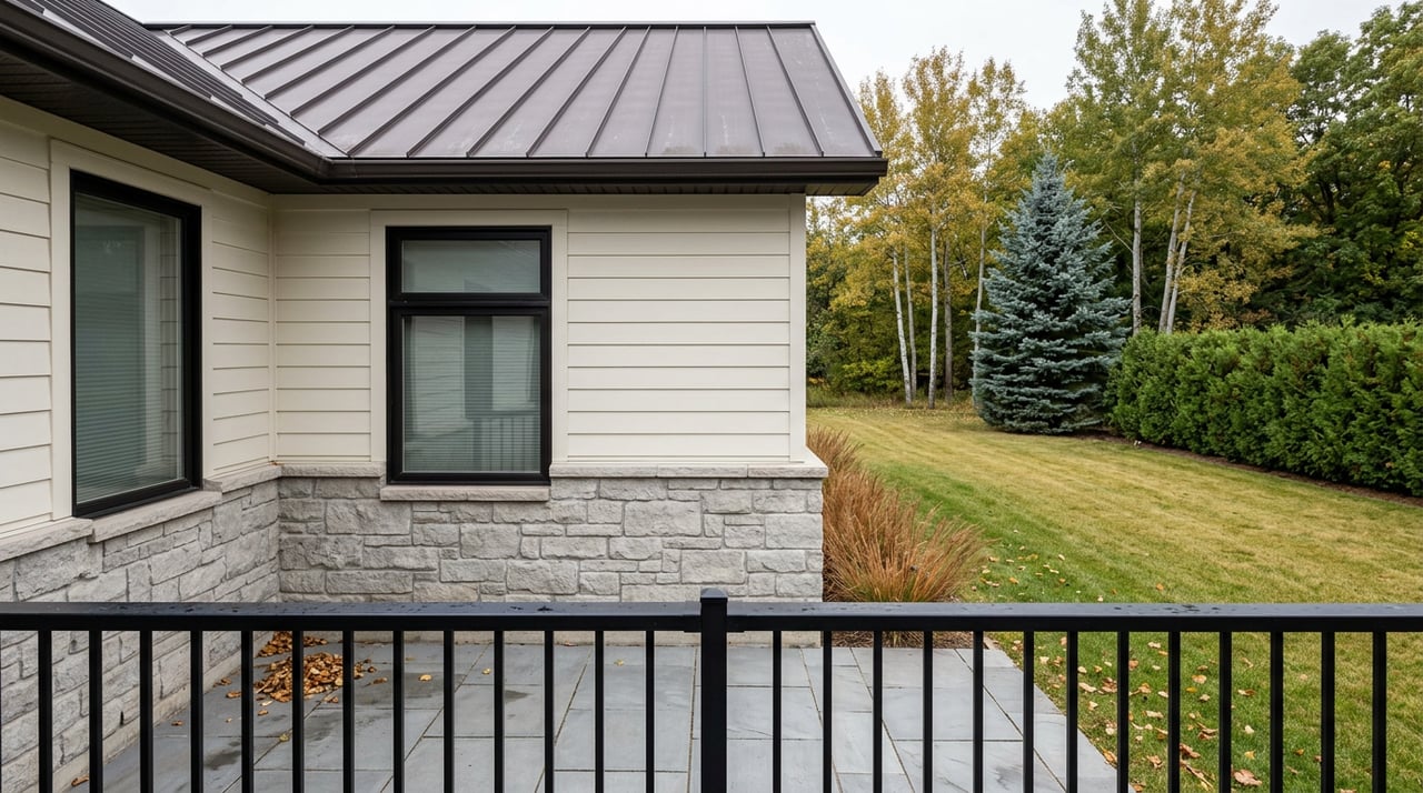 A stone patio overlooks a broad lawn, with a fieldstone-and-siding house, blue spruce, and golden aspens.