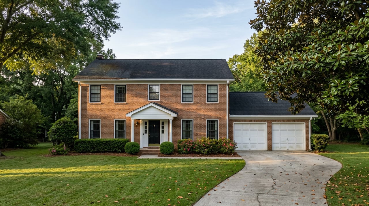 Two-story brick home with a white-columned entry, two-car garage, broad lawn, and mature magnolia and oak trees.