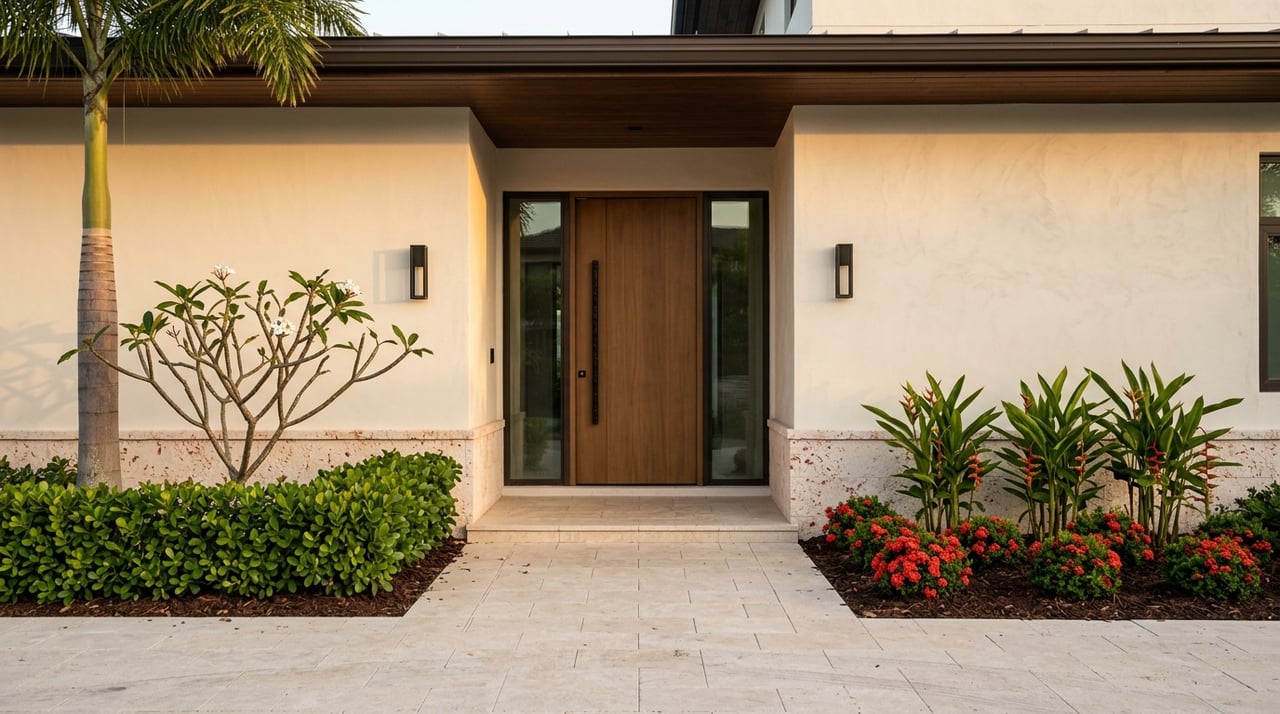 Stucco entry with a teak door, bronze-framed glazing, coral-stone base, and textured pavers.